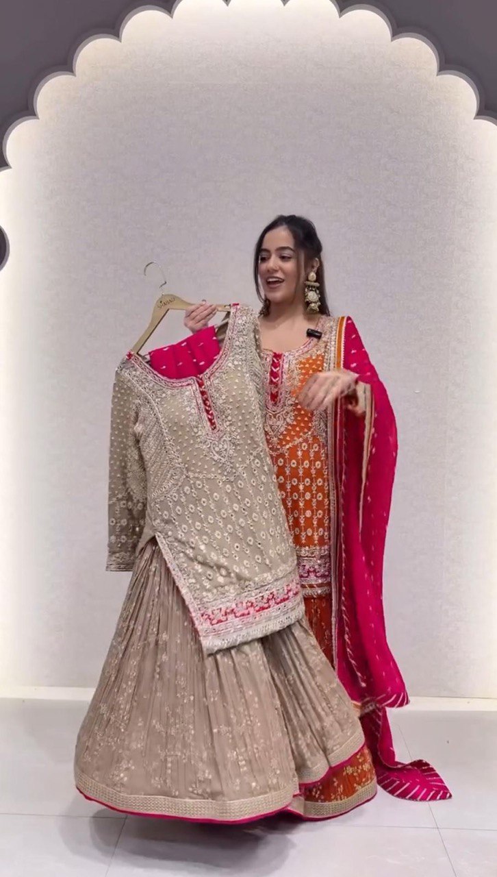 Handmade embroidered georgette kurta sharara with dupatta sets
