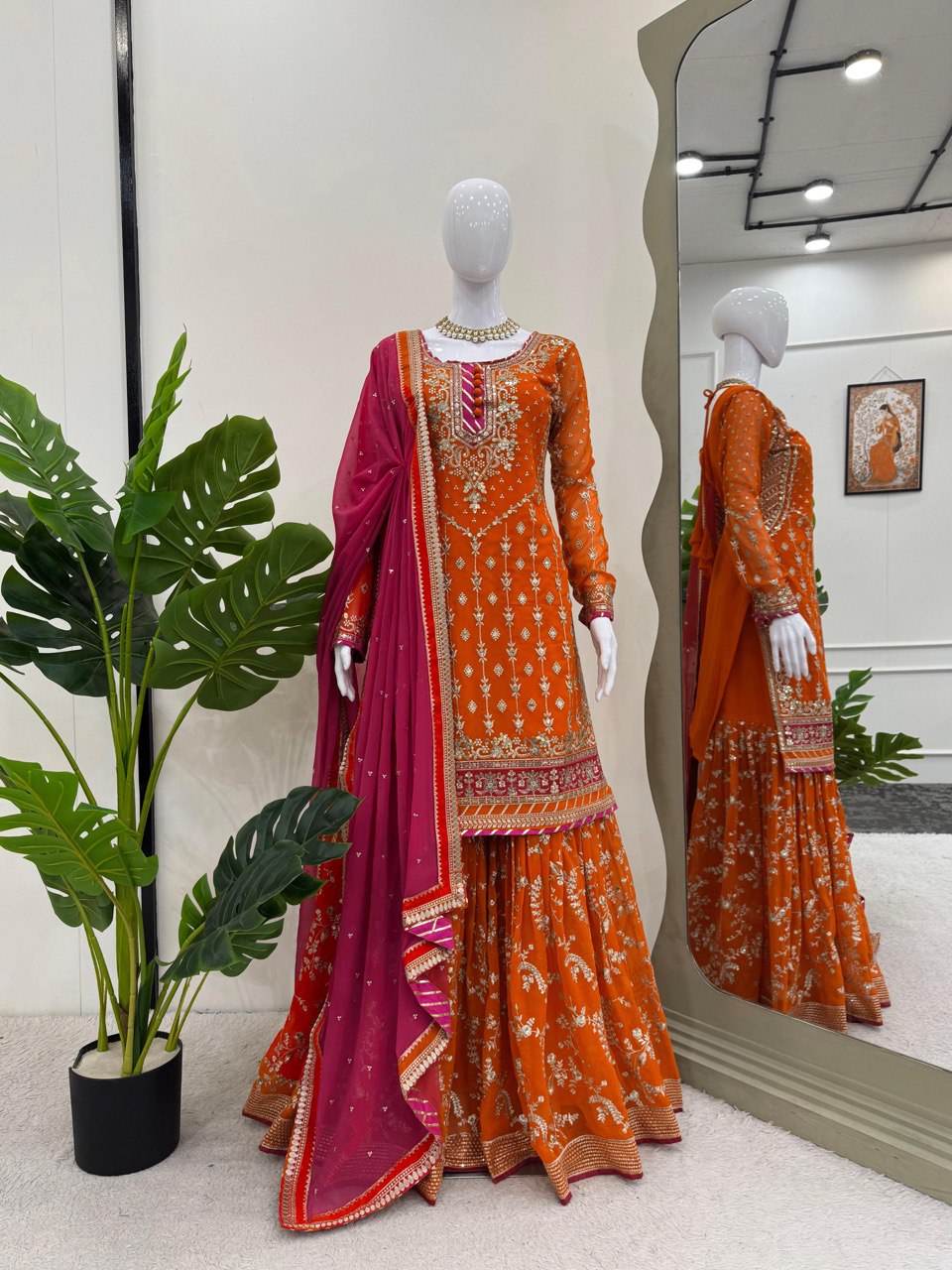 Handmade embroidered georgette kurta sharara with dupatta sets
