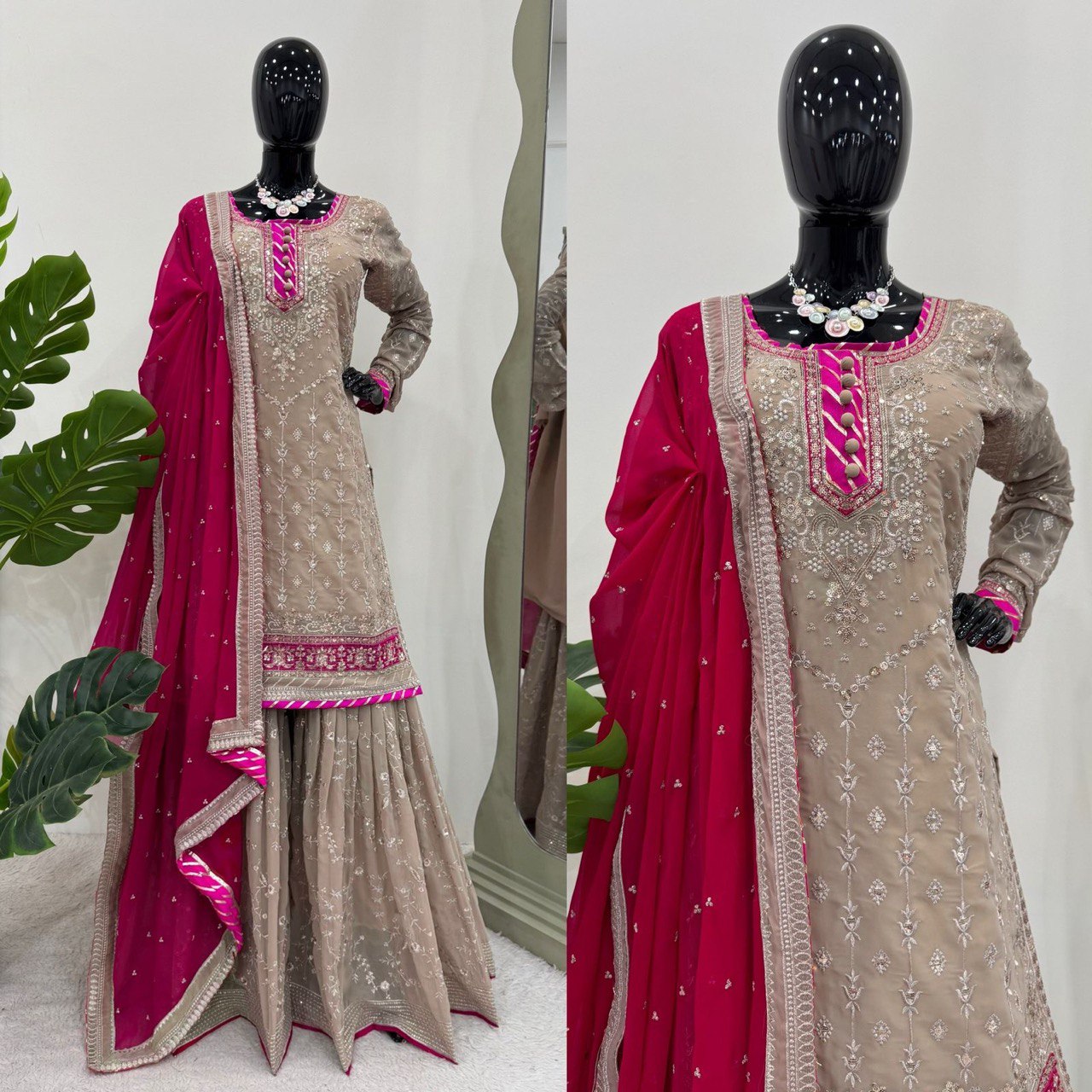 Handmade embroidered georgette kurta sharara with dupatta sets