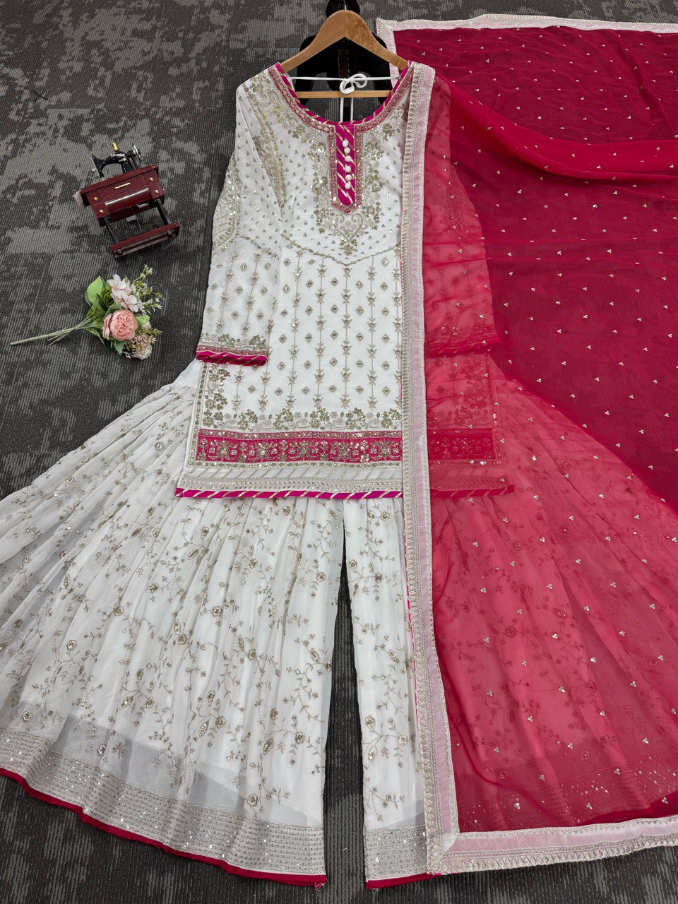 Handmade embroidered georgette kurta sharara with dupatta sets