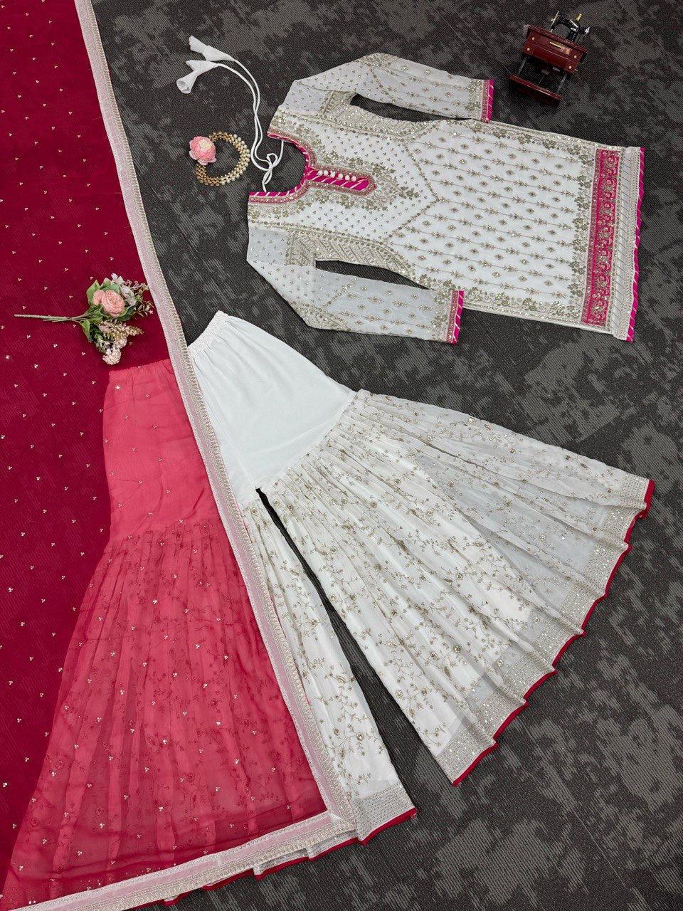Handmade embroidered georgette kurta sharara with dupatta sets