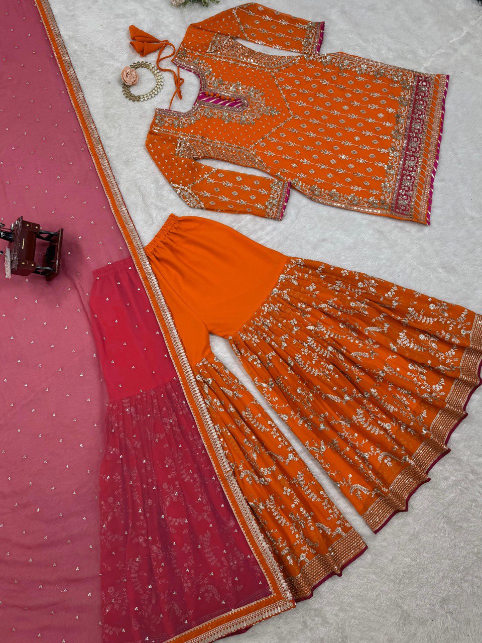 Handmade embroidered georgette kurta sharara with dupatta sets