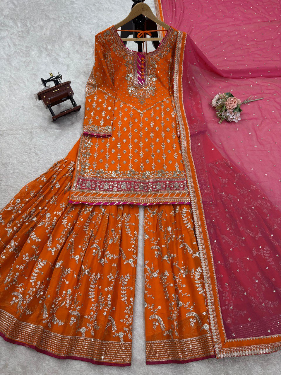 Handmade embroidered georgette kurta sharara with dupatta sets