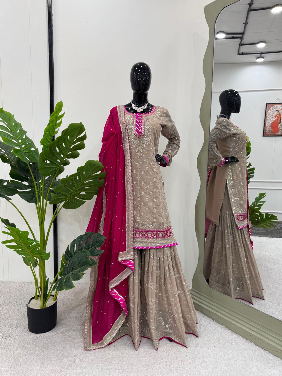 Handmade embroidered georgette kurta sharara with dupatta sets