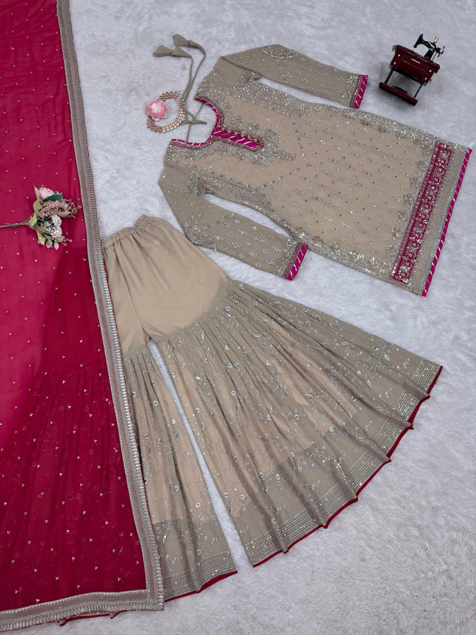 Handmade embroidered georgette kurta sharara with dupatta sets