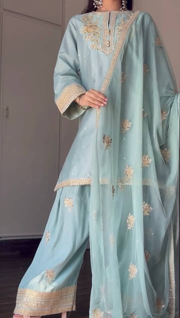 Designer Chinnon Silk Top-Bottom with Dupatta Set
