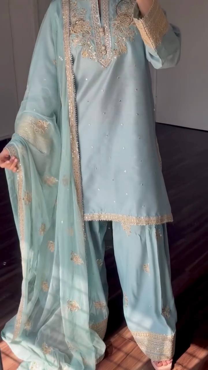 Designer Chinnon Silk Top-Bottom with Dupatta Set