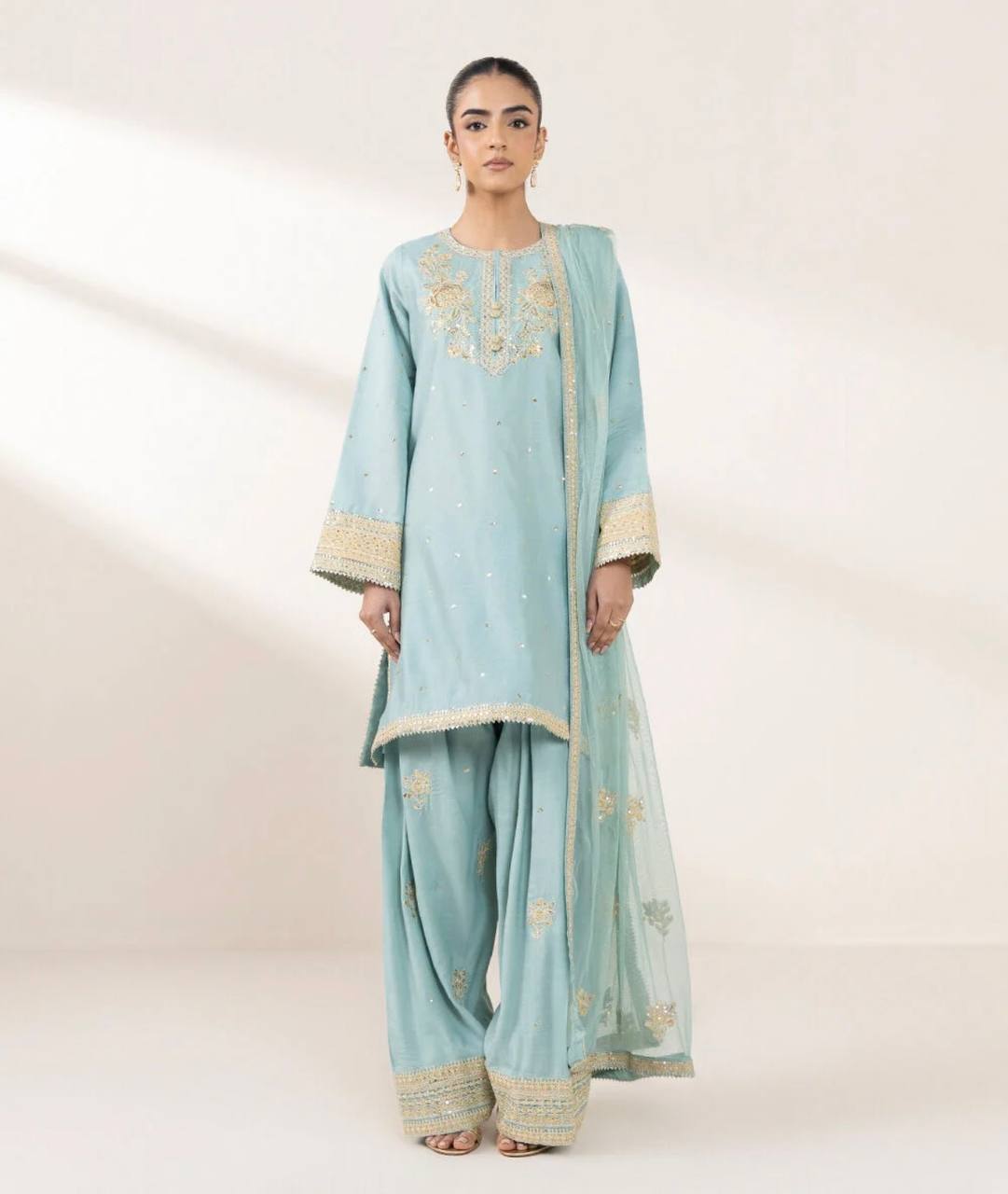 Designer Chinnon Silk Top-Bottom with Dupatta Set