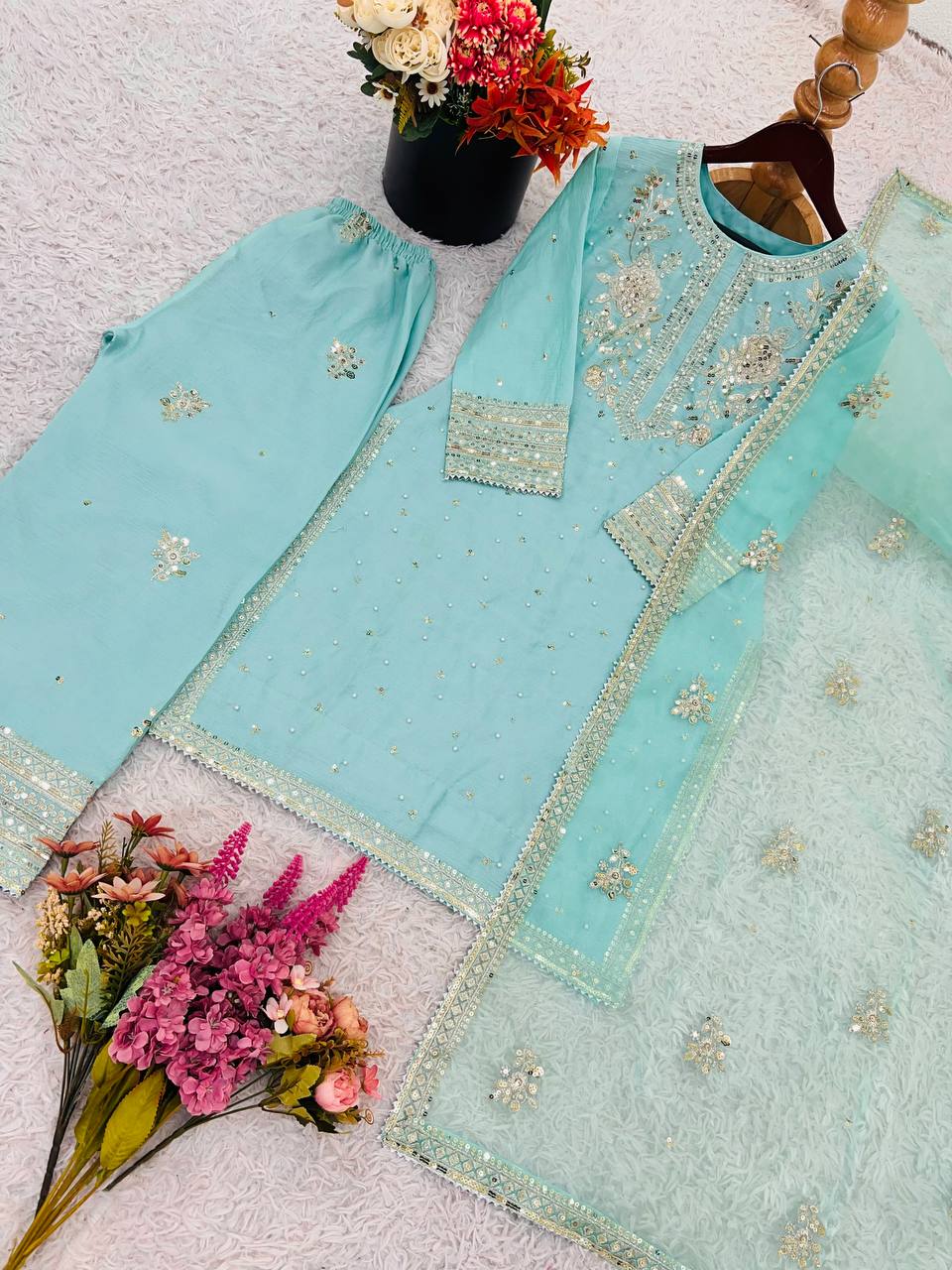 Designer Chinnon Silk Top-Bottom with Dupatta Set