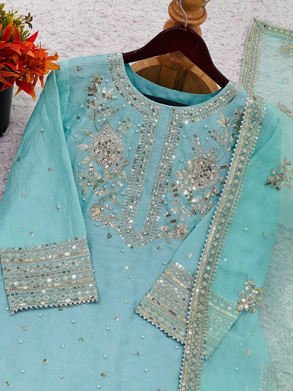 Designer Chinnon Silk Top-Bottom with Dupatta Set