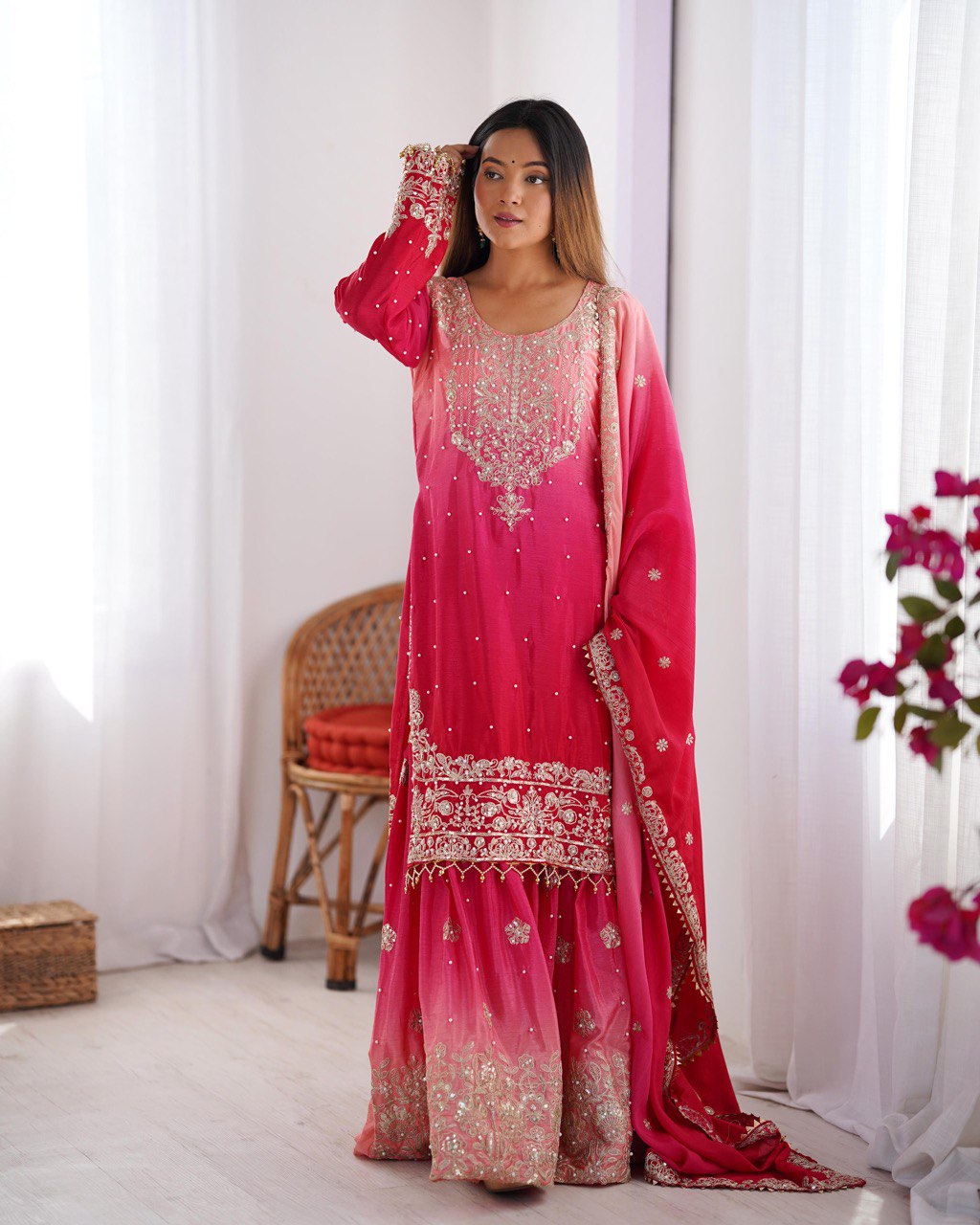 Designer silk kurta palazzo with dupatta set