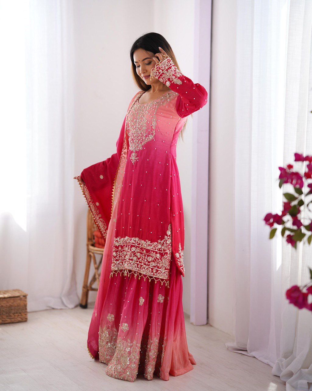 Designer silk kurta palazzo with dupatta set