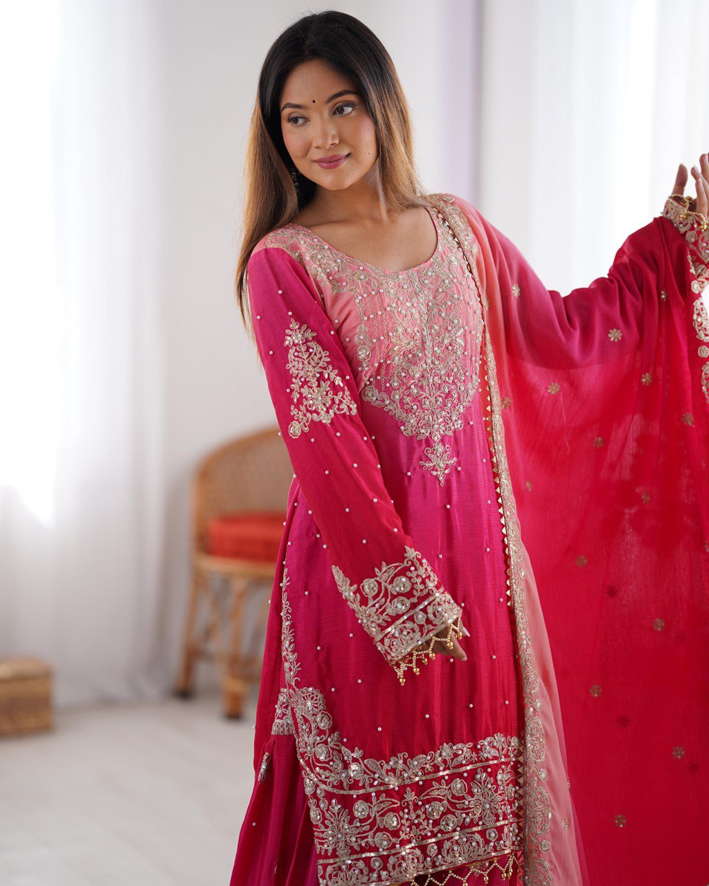 Designer silk kurta palazzo with dupatta set