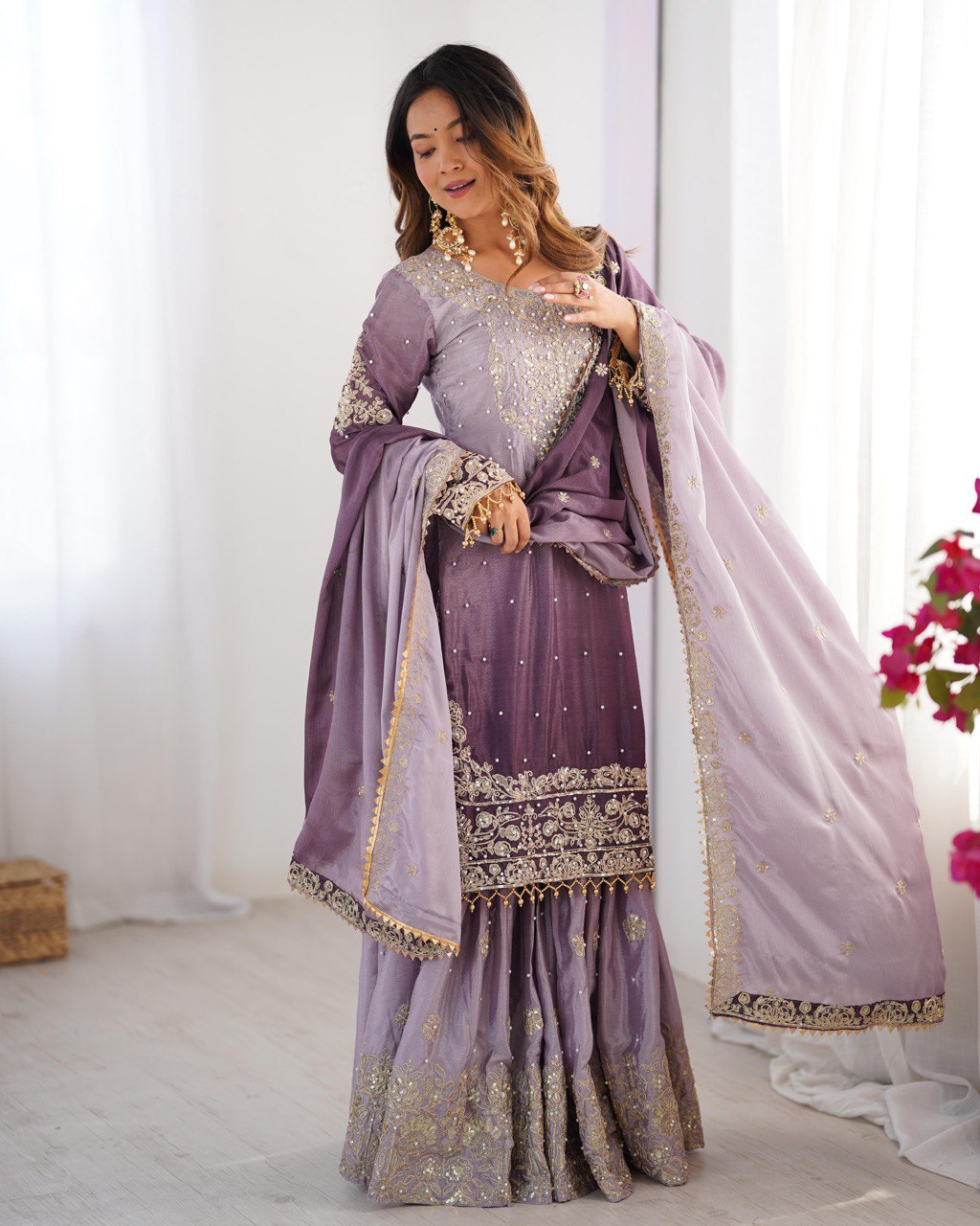 Designer silk kurta palazzo with dupatta set