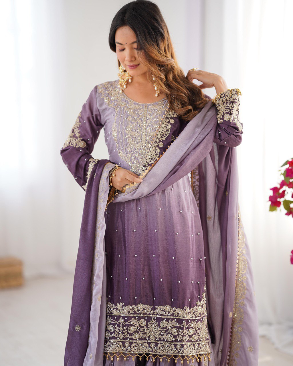 Designer silk kurta palazzo with dupatta set