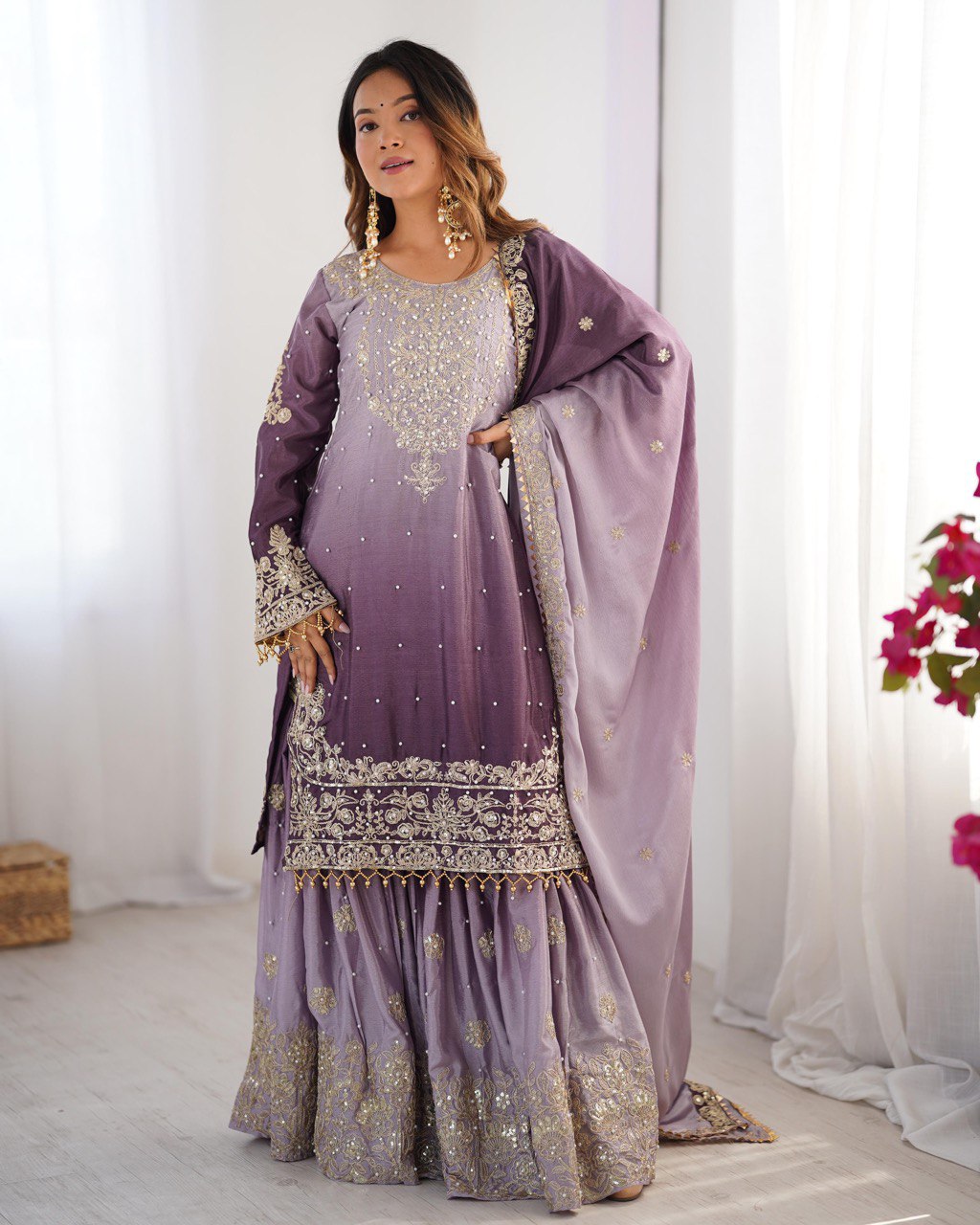 Designer silk kurta palazzo with dupatta set