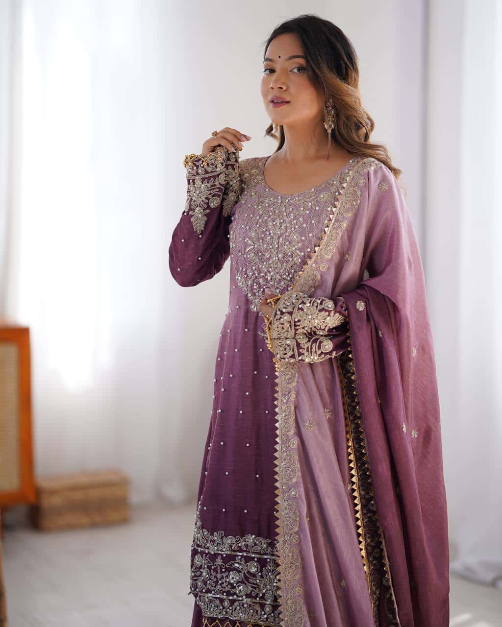 Designer silk kurta palazzo with dupatta set
