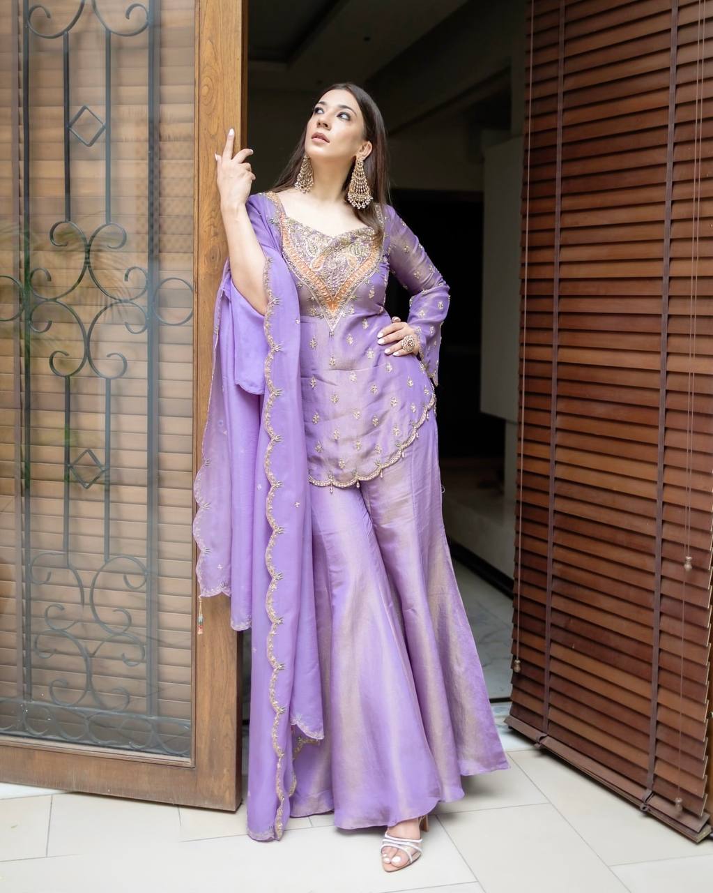 Party wear shimmer silk kurta palazzo with dupatta sets