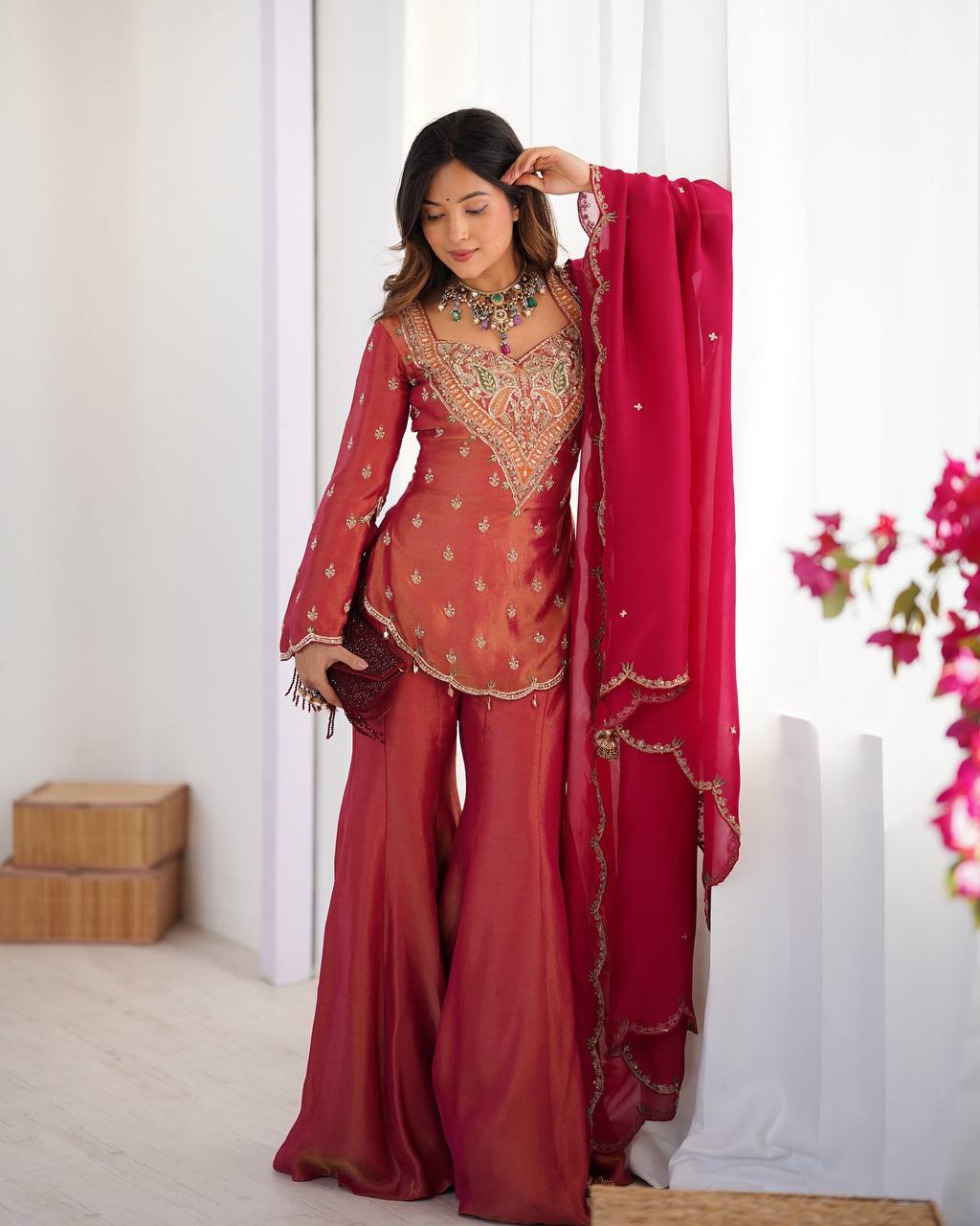Party wear shimmer silk kurta palazzo with dupatta sets