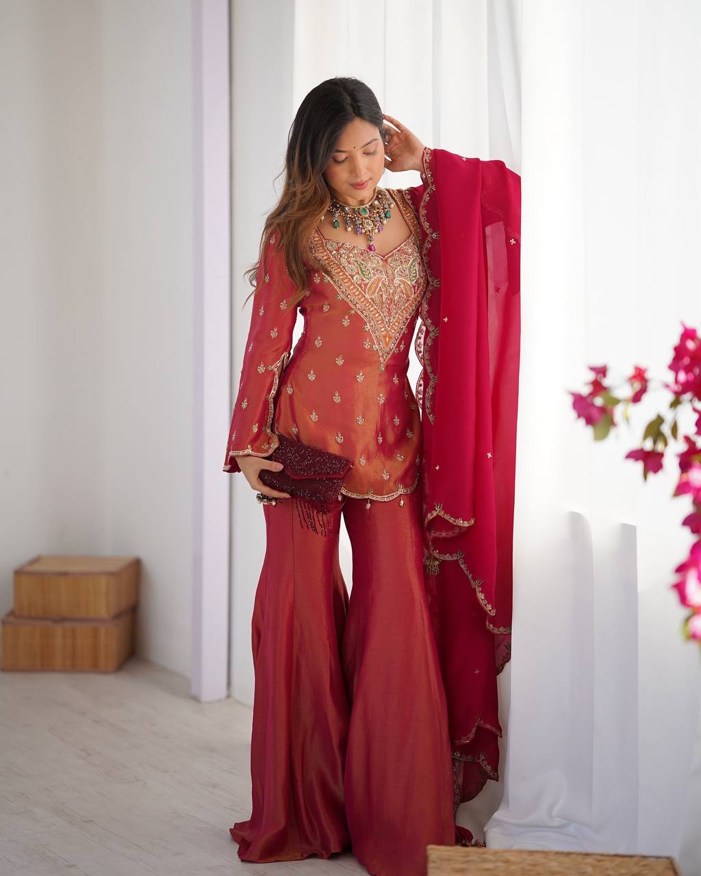 Party wear shimmer silk kurta palazzo with dupatta sets