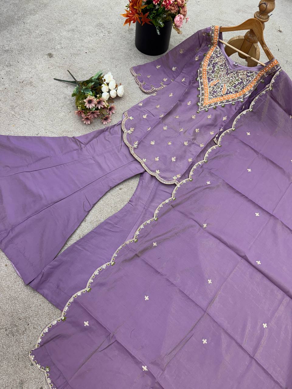 Party wear shimmer silk kurta palazzo with dupatta sets