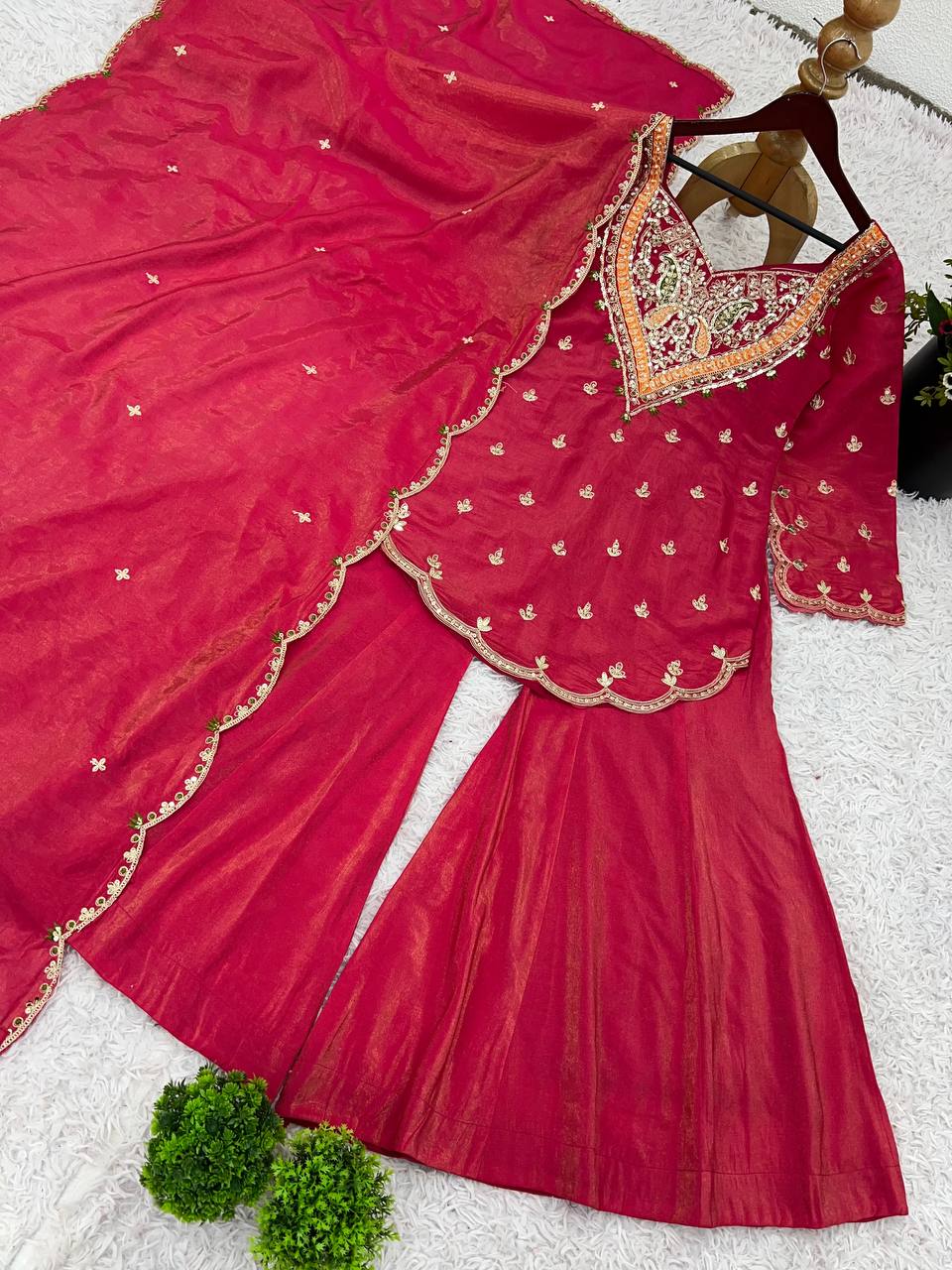 Party wear shimmer silk kurta palazzo with dupatta sets