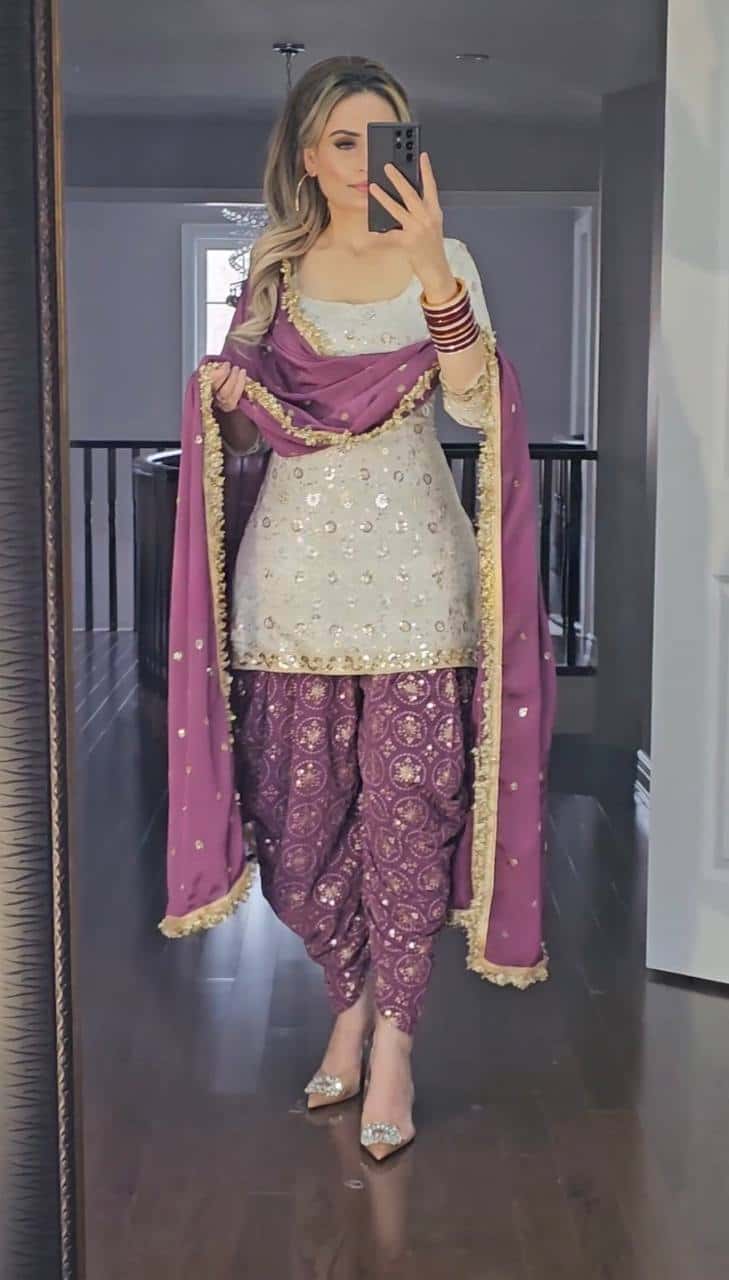 Faux Georgette Kurta Dhoti with Dupatta
