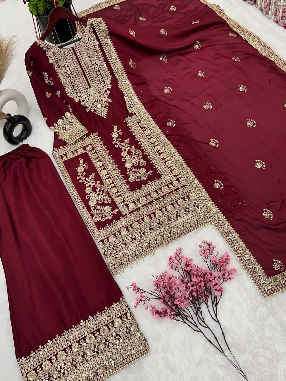 Pure Chinnon Silk Kurta Palazzo with Dupatta