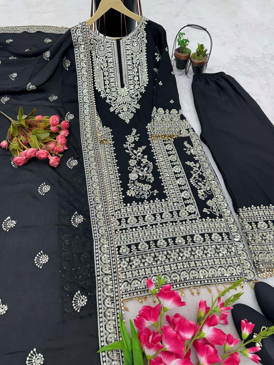 Pure Chinnon Silk Kurta Palazzo with Dupatta