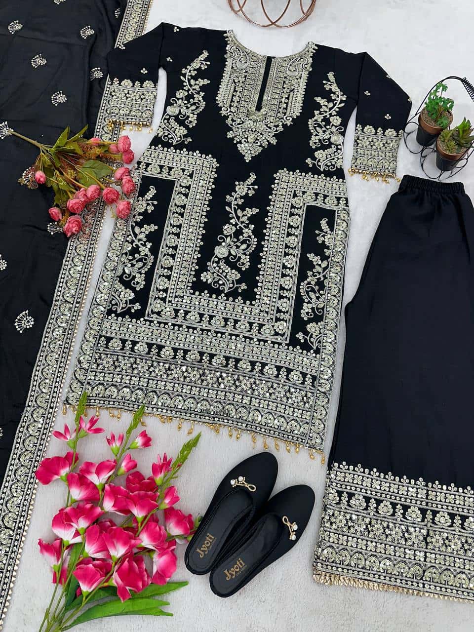 Pure Chinnon Silk Kurta Palazzo with Dupatta