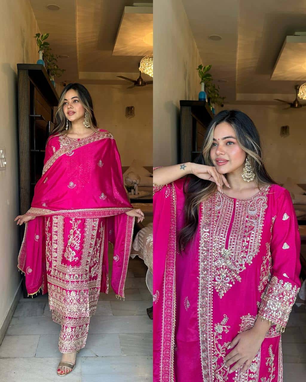 Pure Chinnon Silk Kurta Palazzo with Dupatta