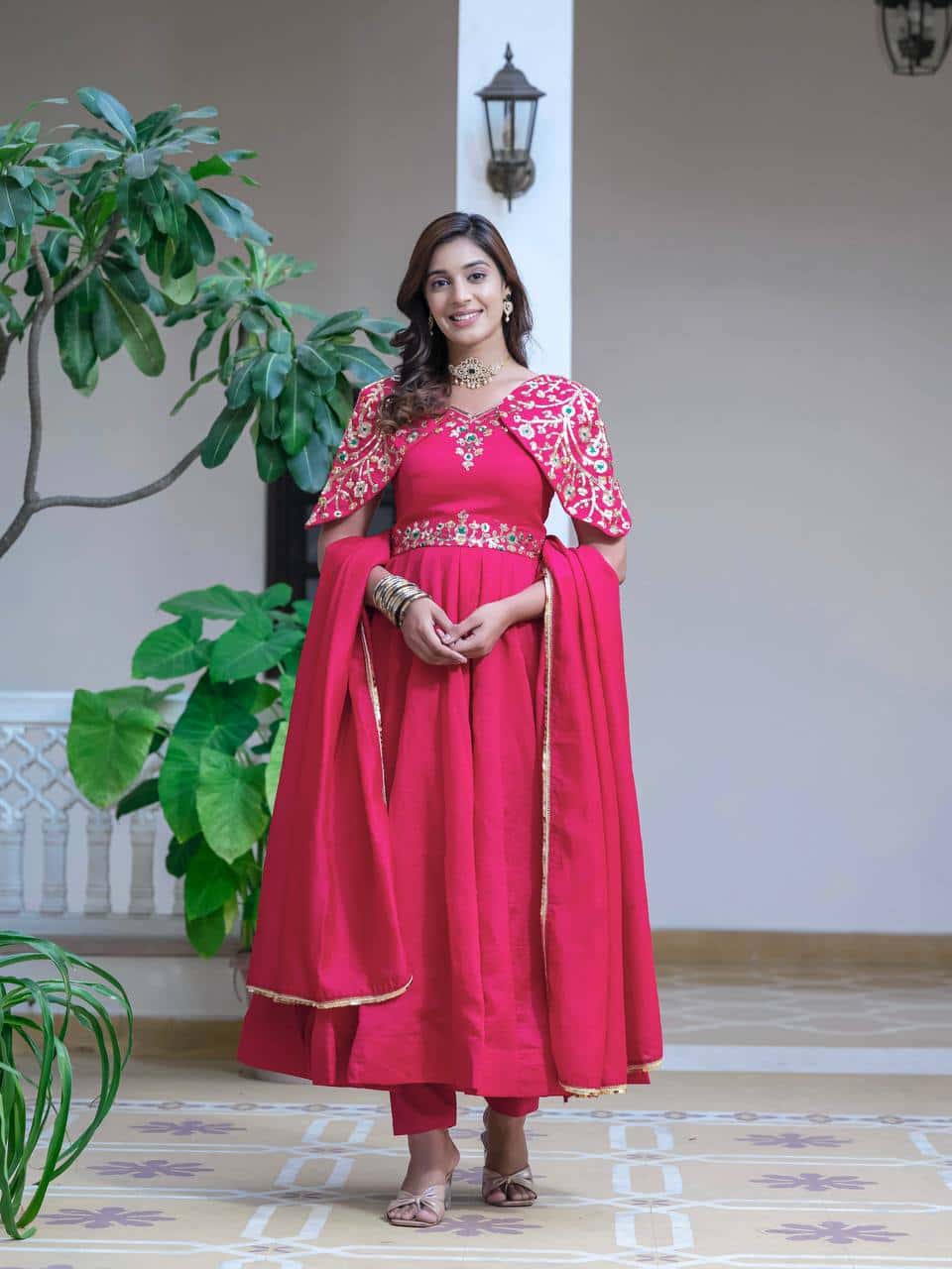 Silk embroidered sequence work gown with dupatta sets