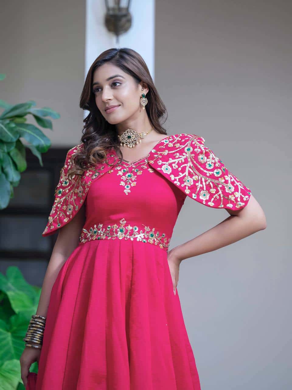 Silk embroidered sequence work gown with dupatta sets