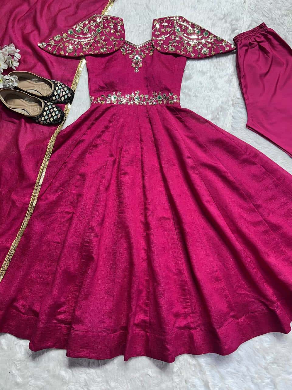 Silk embroidered sequence work gown with dupatta sets
