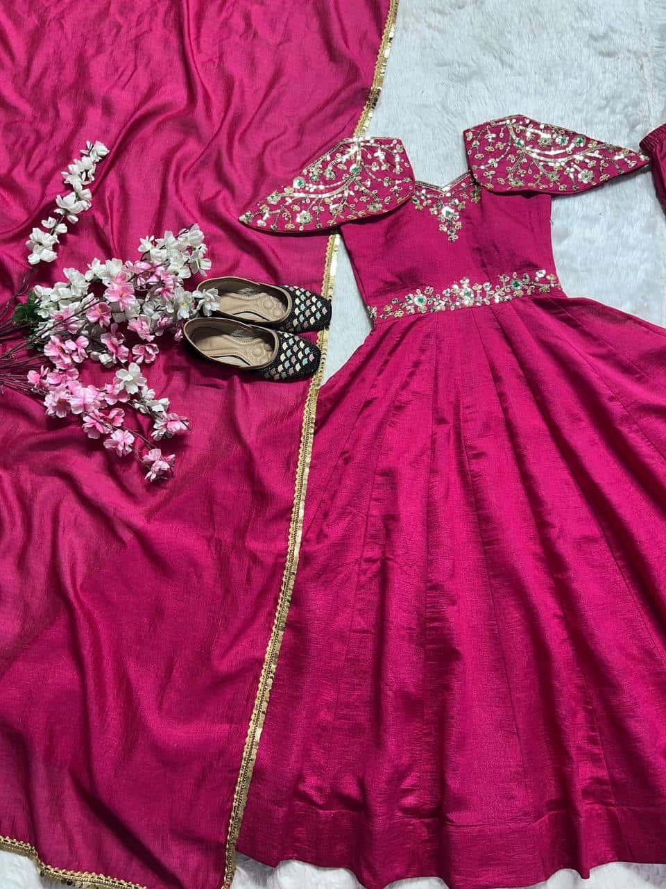 Silk embroidered sequence work gown with dupatta sets
