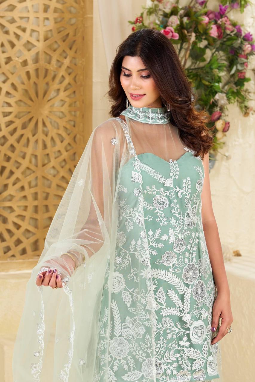 Trending Halter Neck net fabric  Kurta & Palazzo Set with Dupatta