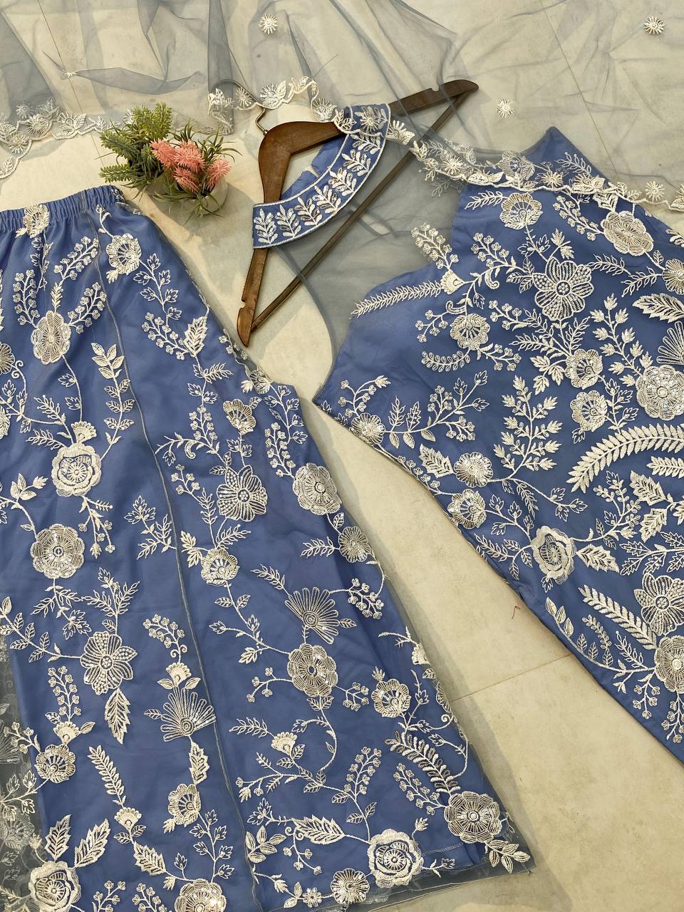 Trending Halter Neck net fabric  Kurta & Palazzo Set with Dupatta