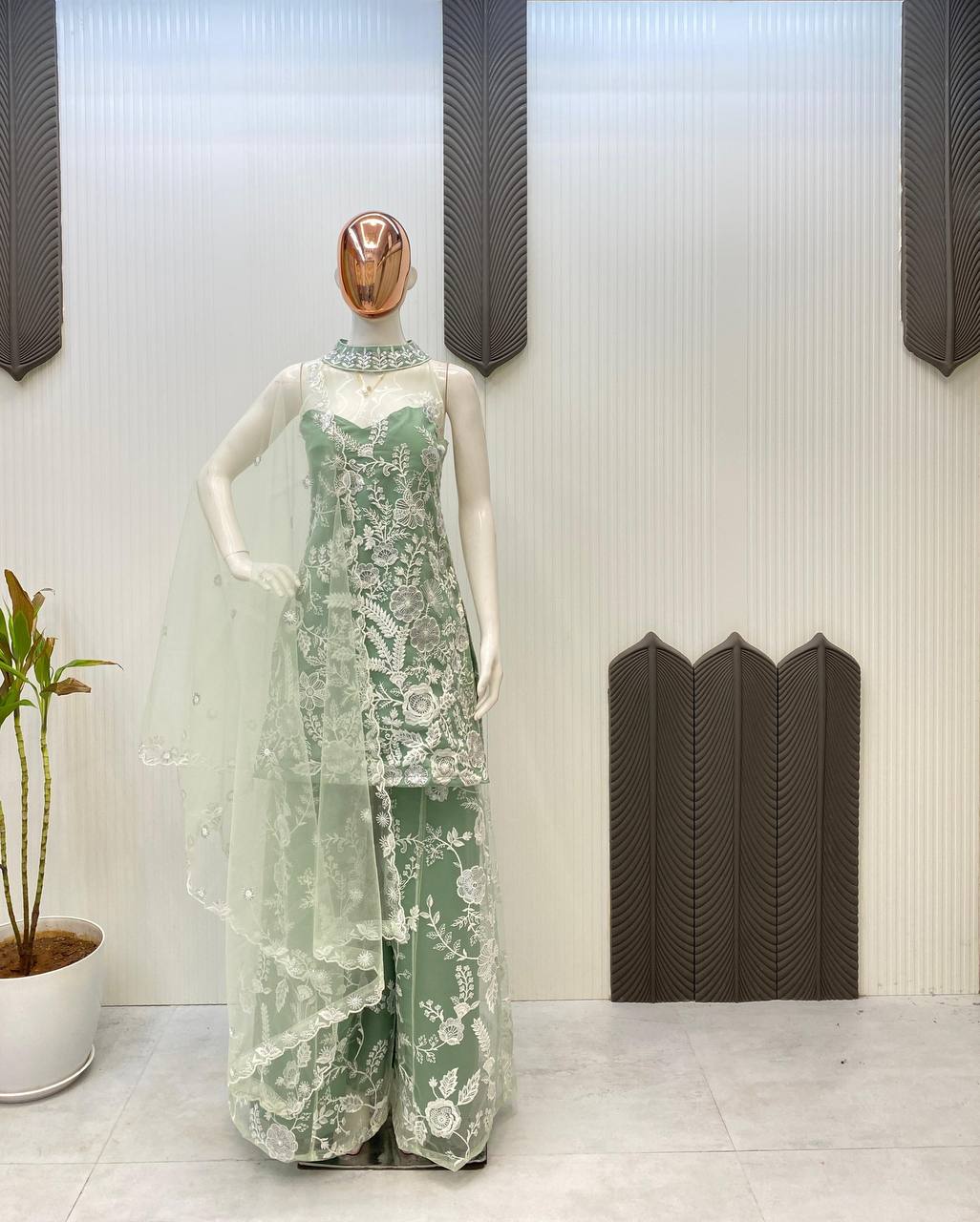 Trending Halter Neck net fabric  Kurta & Palazzo Set with Dupatta