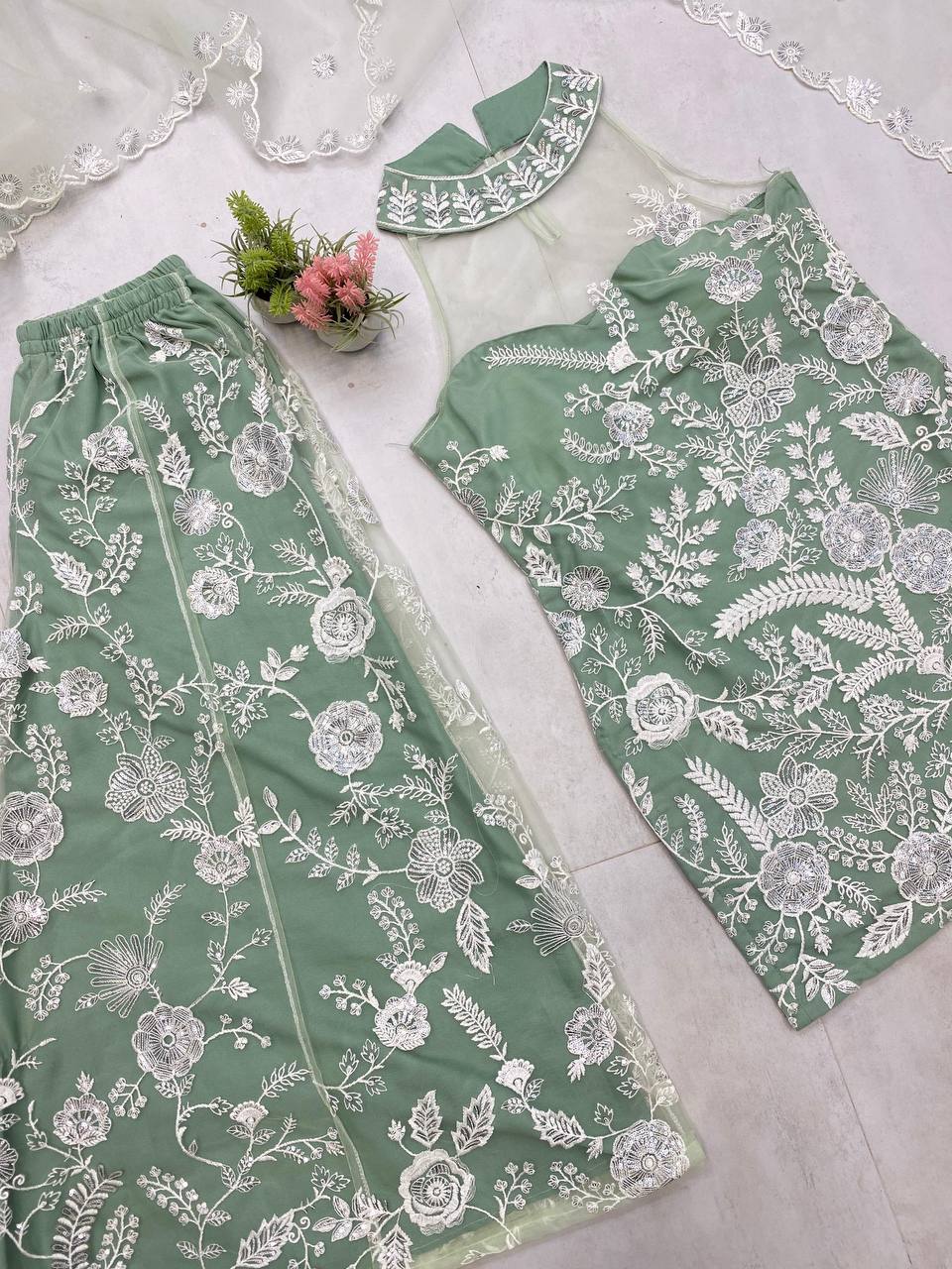 Trending Halter Neck net fabric  Kurta & Palazzo Set with Dupatta