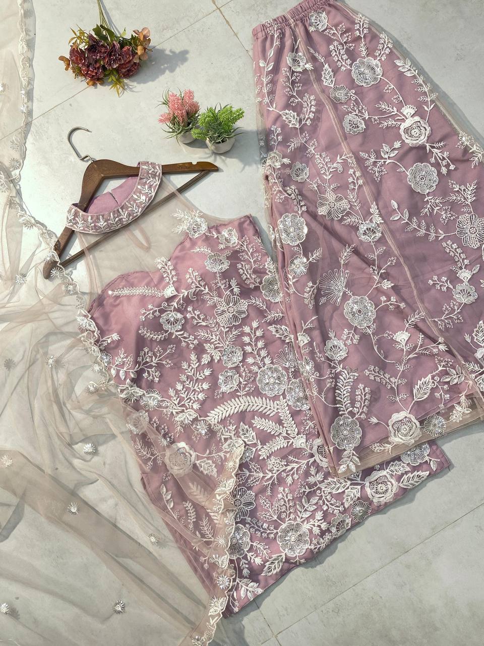 Trending Halter Neck net fabric  Kurta & Palazzo Set with Dupatta