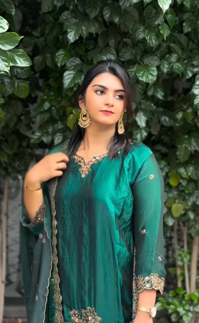 Latest designer silk hand embroidered short kurta palazzo with dupatta sets