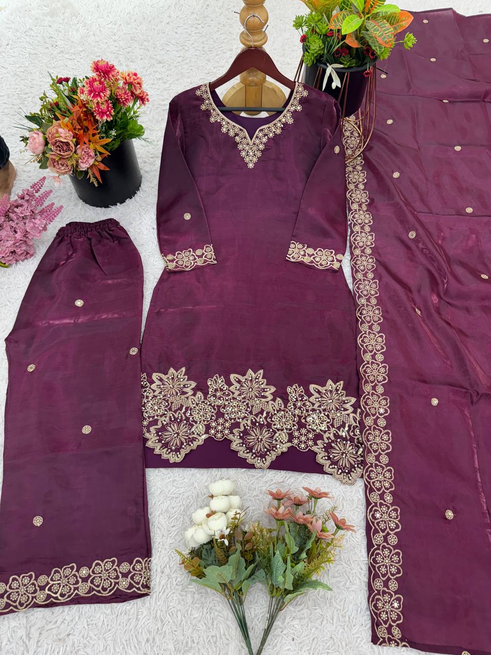 Latest designer silk hand embroidered short kurta palazzo with dupatta sets