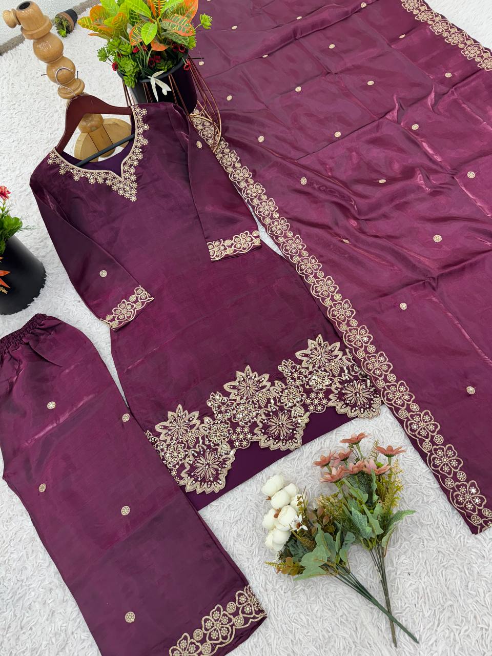 Latest designer silk hand embroidered short kurta palazzo with dupatta sets