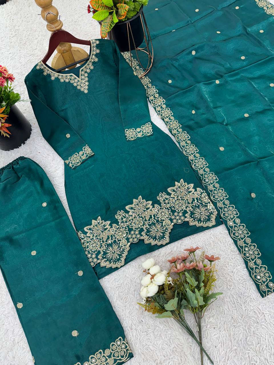 Latest designer silk hand embroidered short kurta palazzo with dupatta sets