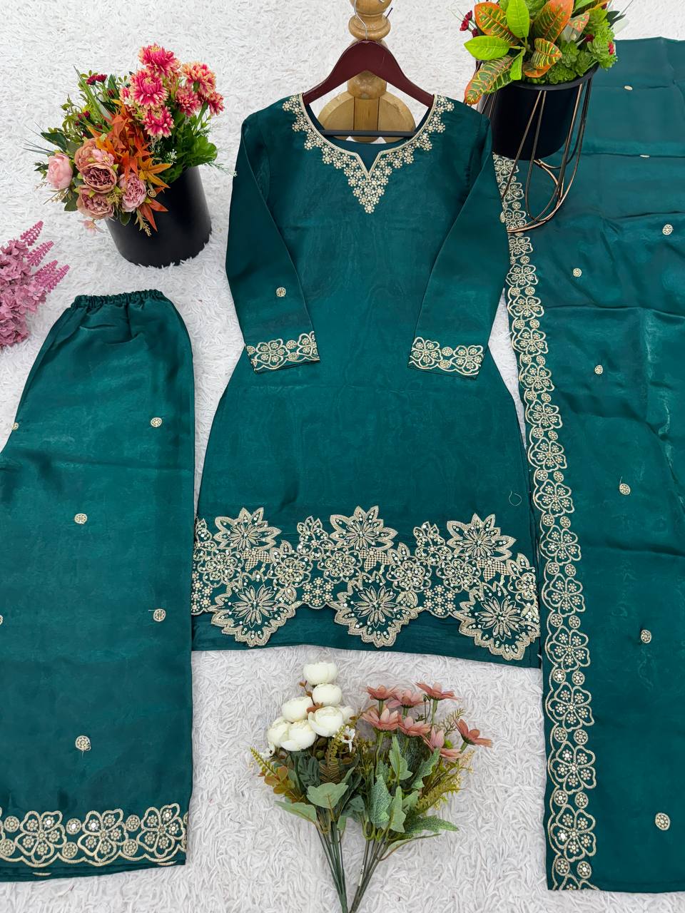 Latest designer silk hand embroidered short kurta palazzo with dupatta sets