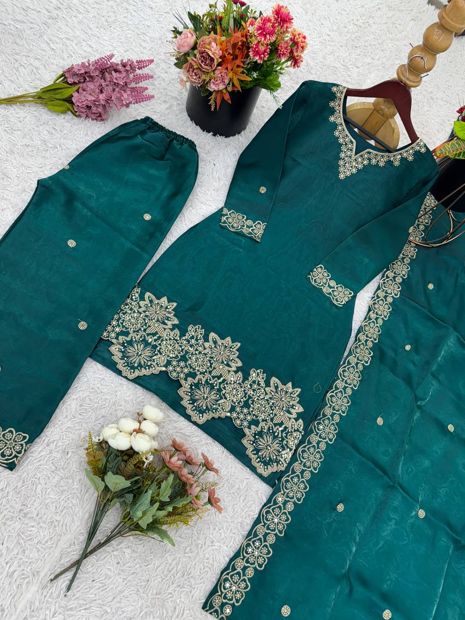 Latest designer silk hand embroidered short kurta palazzo with dupatta sets