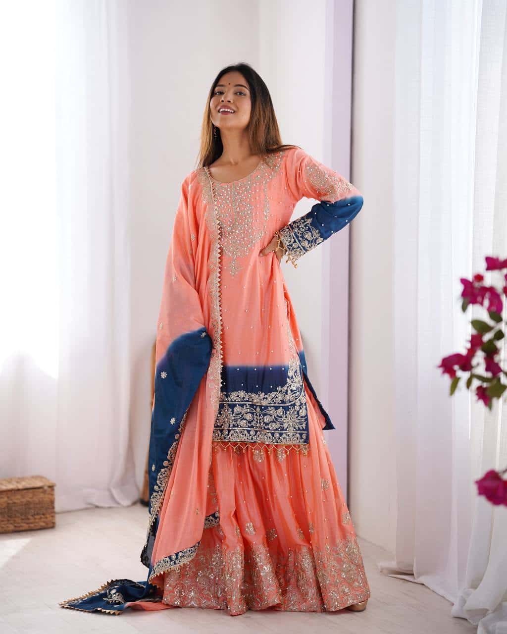 Designer silk kurta palazzo with dupatta set