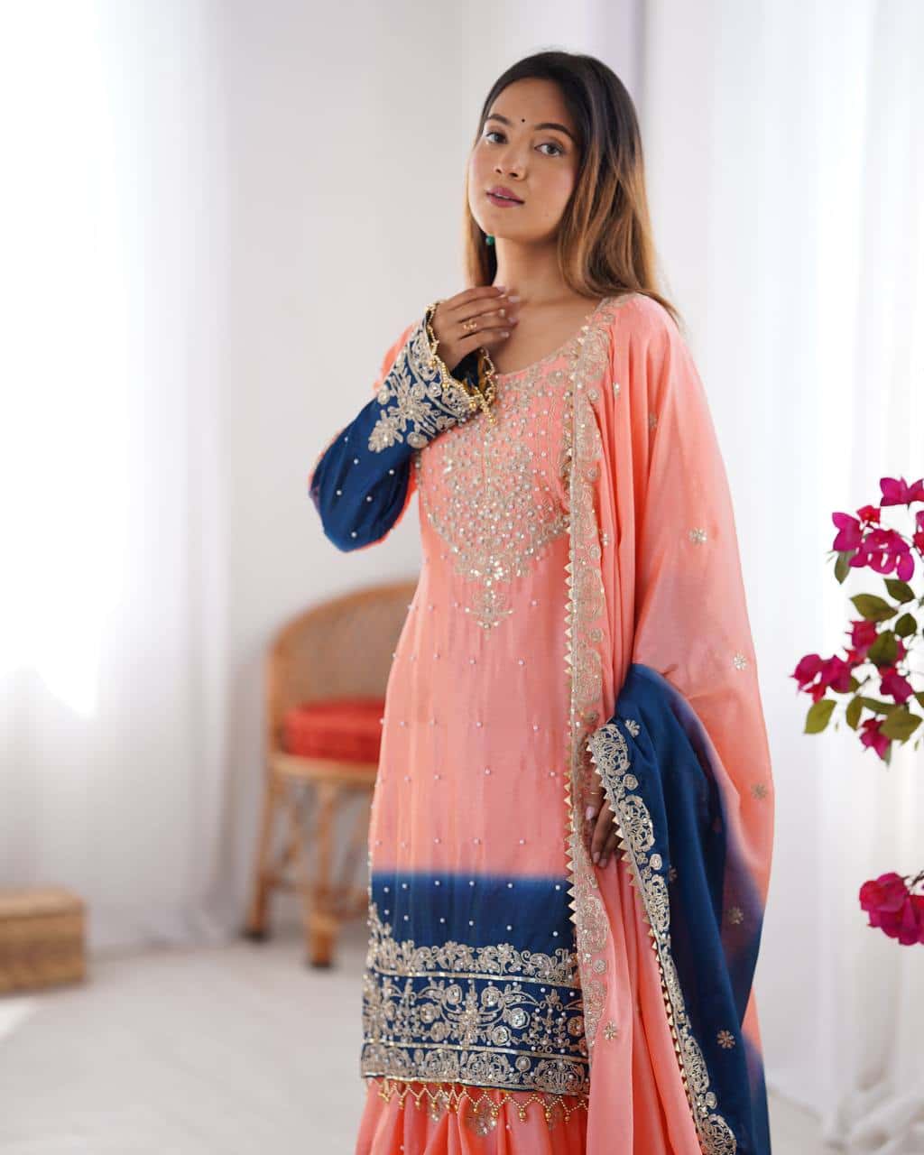 Designer silk kurta palazzo with dupatta set