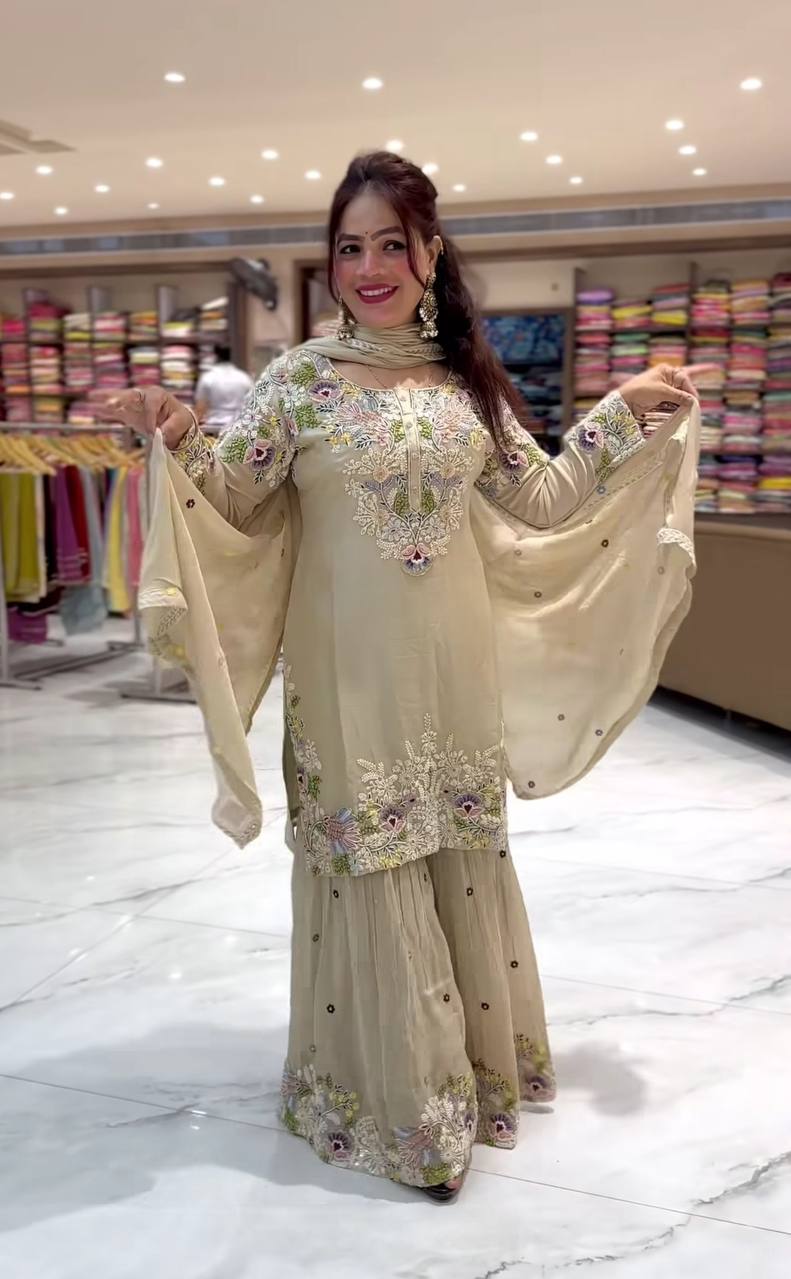 Natural Crepe silk hand embroidery work kurta sharara set