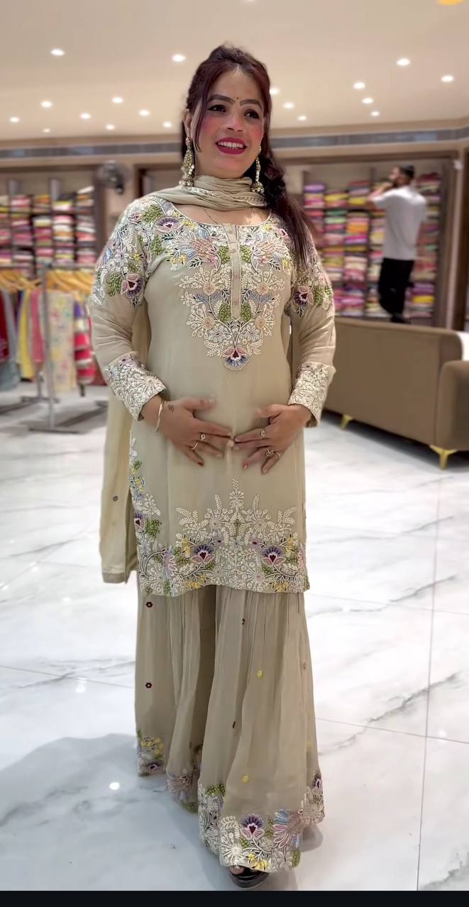Natural Crepe silk hand embroidery work kurta sharara set